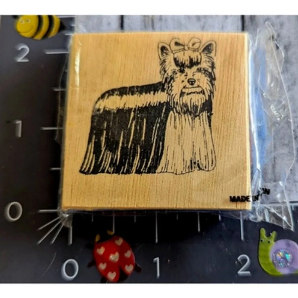 Yorkshire Terrier Dog Long Hair Bow Foam Rubber Stamp Wood #E107
